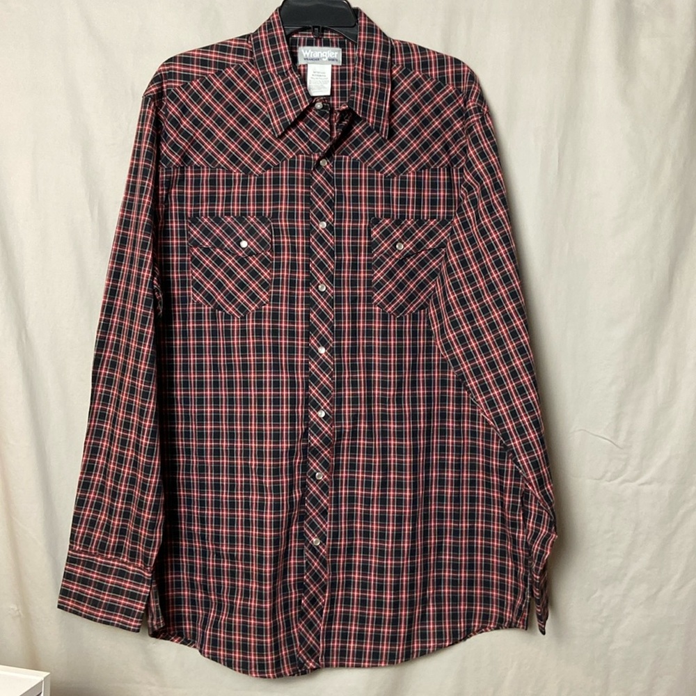 Wrangle Pearl Snap Long Sleeve Shirt XL Tall Red Black Plaid Western Cowboy